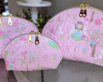 Set of 3 quilted Makeup Bag / Dumpling zipper pouch pink fairy princess / Taco bag