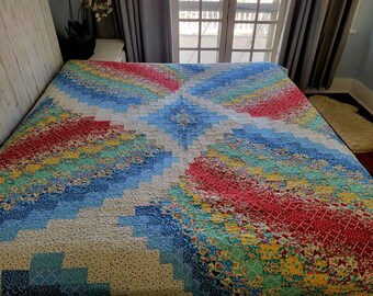 Bargello Quilt Blanket Full King Queen 100 by 85" , Vintage inspired repro fabric