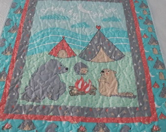 Modern baby Quilt Woodland Animals, crib blanket Forest animals Happy Campers ,can personalized