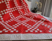 OOAK Patchwork Red White Double Irish Chain Quilt, Traditional Quilt Blanket 92 quot by 92 quot King Queen