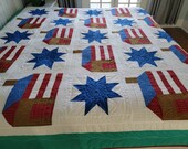 OOAK Traditional Patriotic Houses Patchwork Quilt 92 quot by 92 quot Queen Full King Blanket