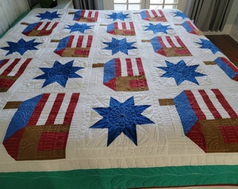 OOAK Traditional  Patriotic Houses Patchwork Quilt 92"by 92" Queen Full King Blanket