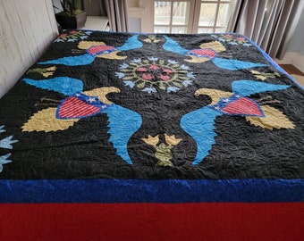 OOAK Traditional Colorful Quilt, Hand Applique Eagle Medallion Blanket 92" by 92" King Queen Black