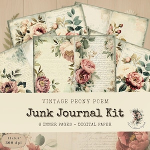 Soft Brush Peony Flower Junk Journal Kit – Vintage afdrukbare pagina's voor scrapbooking, zachtgroen en roze digitaal papier (6 vellen, 8,5 x 11 inch)