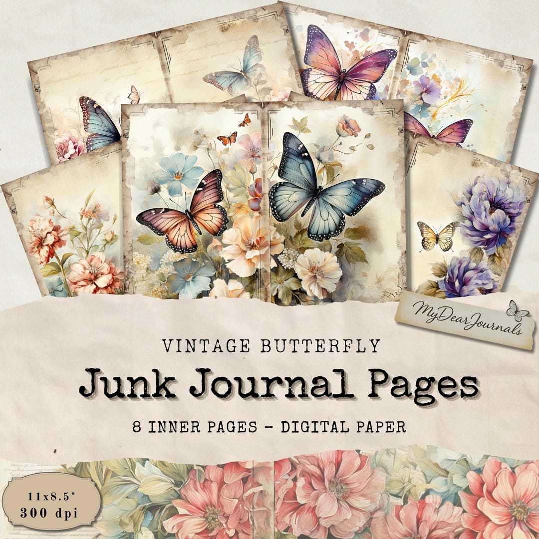 Vintage Butterfly Digital Paper: Shabby Chic Junk Journal Ephemera ...