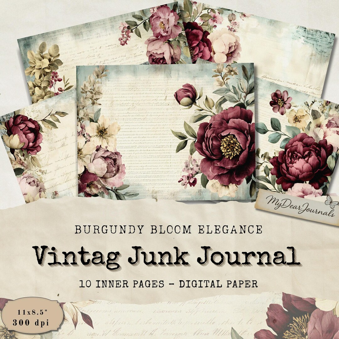 Burgundy Floral Junk Journal Pages: Vintage Printable Ephemera (digital ...