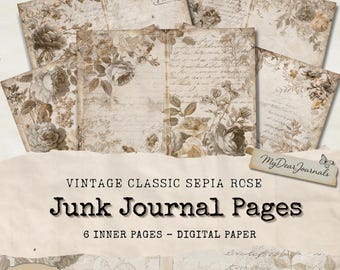 Vintage Sepia Rose Journal Pages: Shabby Chic Floral Kit (Digital Download)