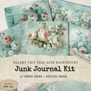 Teal Rose Background Junk Journal Kit,Vintage Floral 10 Digital Journal Pages, Printable Ephemera, Paper Craft, Collage Sheet 11 x 8.5