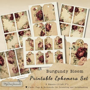 Ensemble éphémère imprimable Bourgogne Bloom, 9 feuilles (11 x 8,5 po.) cartes, étiquettes et signets pour le scrapbooking - kit de journal indésirable, par MyDearJournals