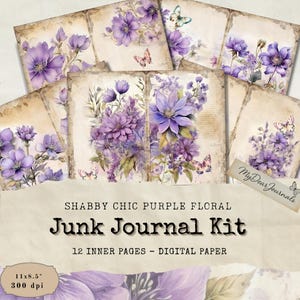 Páginas de diario basura con diseño floral morado Shabby Chic, kit de 12 hojas con flores y mariposas violetas vintage, manualidades de papel, hoja de collage de 28 x 21,5 cm, imprimible