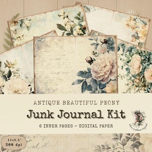 Kit de carnets anciens belles pivoines - 6 pages doubles, journal vintage floral indésirable à imprimer, papier botanique ancien, scrapbooking vintage