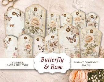 Zestaw do prowadzenia dziennika Shabby Chic Rose Junk | Strony z motywem kwiatów w stylu vintage, tagi, efemerydy, folio i kartki, JJ002