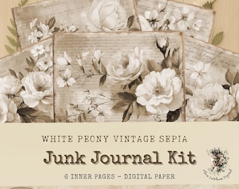 White Peony Junk Journal Kit: Sepia Vintage Floral Pages (Digital Paper)