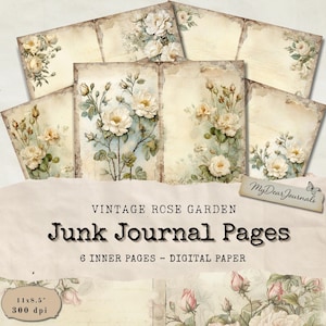 Vintage Rosengarten Digitales Papier, Shabby Chic Floral Junk Journal Kit, druckbare alte Papier Texturen, Antike Rosen Scrapbook Versorgung Pack