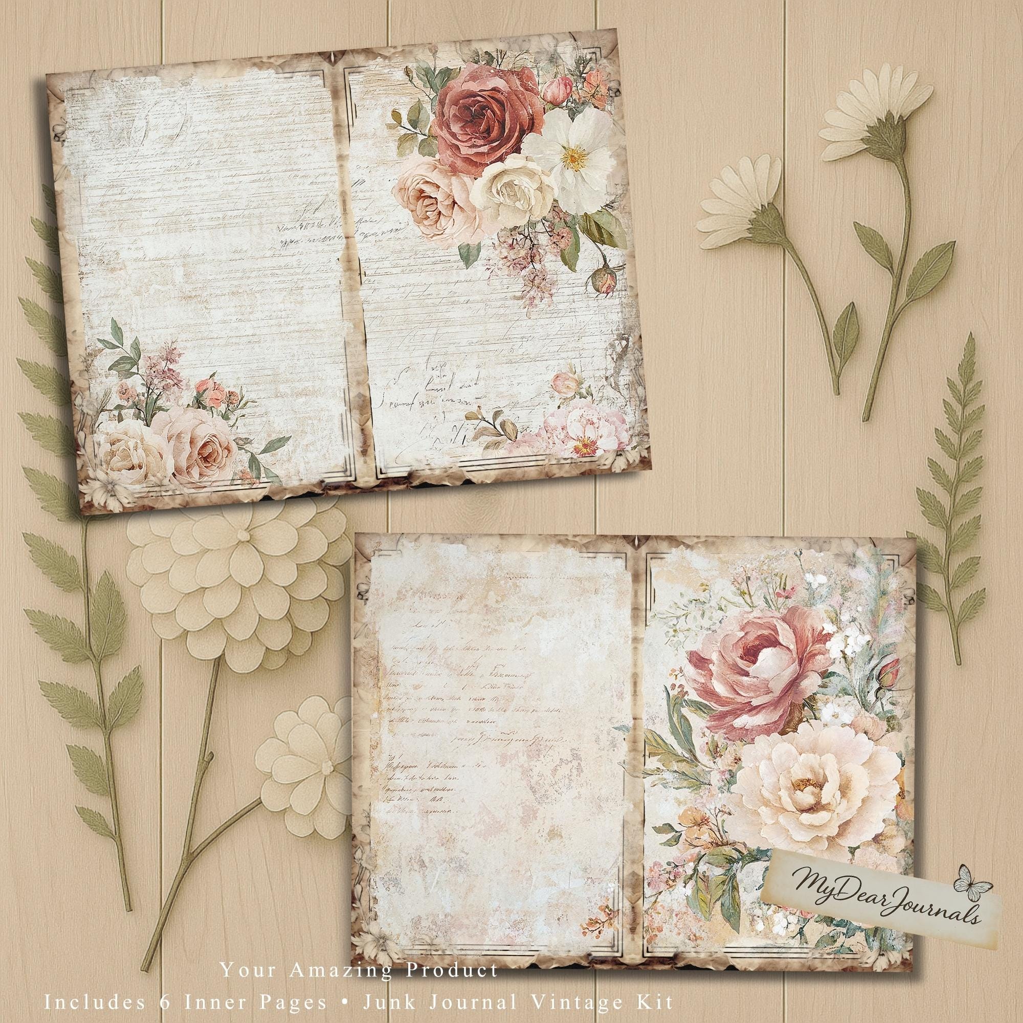 シャビーシックなフローラルジャンクジャーナルページ：ヴィンテージ
