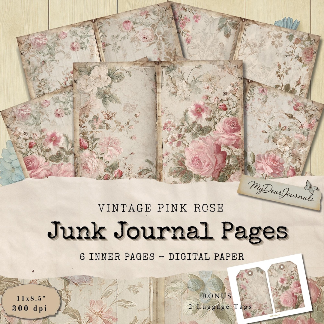 Vintage Pink Rose Digital Paper: Junk Journal Pages (8.5x11, Digital ...