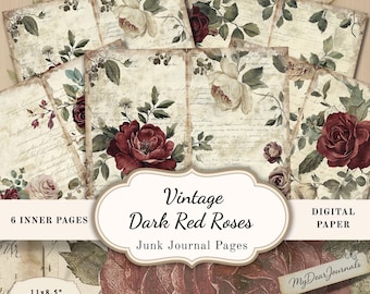 Páginas de diario basura de rosas rojas oscuras: efímeras góticas (descarga digital, 8,5 x 11 pulgadas, JPG)