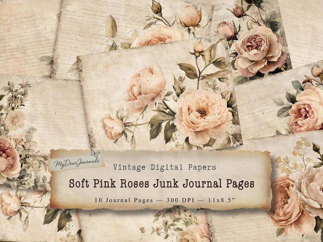 Vintage Rose Junk Journal Pages – Soft Pink Floral Digital Paper Kit ...
