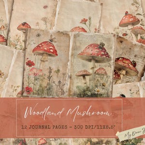 Pages de journal champignons des bois - kit de papier vintage champignon vénéneux rouge et fleurs sauvages, journaux indésirables à imprimer, 10 pages doubles, MyDearJournals