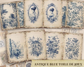 Blauwe Toile De Jouy-junkjournaalkit: vintage Frans toile-afdrukbaar papier (digitale download)