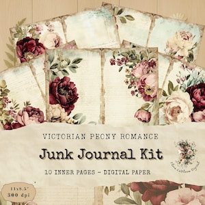 Kit per diario "Un romantico romanticismo vittoriano con peonie" - Pagine stampabili con peonie bordeaux vintage, 10 pagine interne, carta digitale floreale shabby 11x8,5"