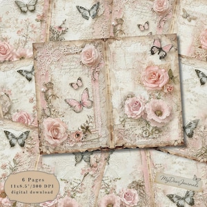 Op de afbeelding: Digitale download van zes pagina's met een vintage esthetiek. De pagina's bevatten roze rozen, vlinders en kanten accenten. De tekst op de pagina's bevat handgeschreven tekst en de woorden "MyDearJournals". De pagina's zijn 27,9 x 21,6 cm groot.