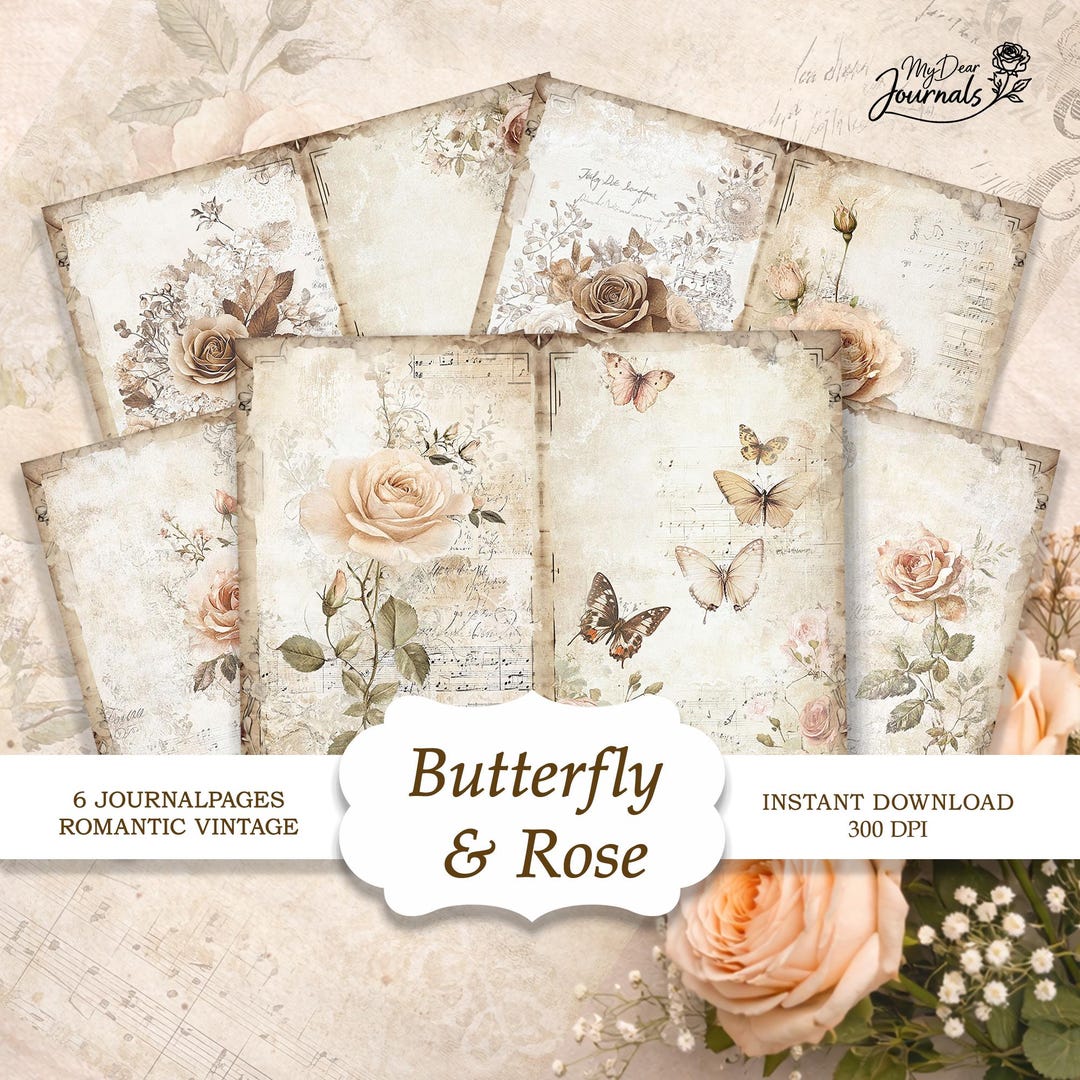 Shabby Chic Butterfly Rose Junk Journal Kit | Vintage Floral Pages ...