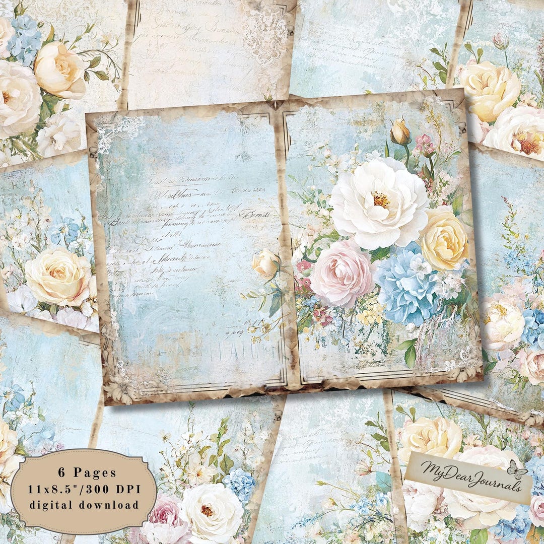 Shabby Chic Floral Junk Journal Pages: Vintage Rose & Hydrangea Flower ...