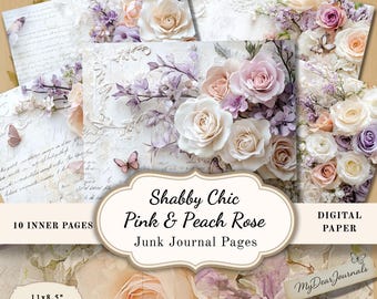 Shabby Chic Junk Journal Pages: Pink Peach Roses, Vintage Ephemera (Digital Download)