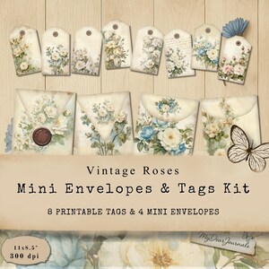 Vintage Rose Tags &  Mini Envelopes Junk Journal Kit, Vintage Floral Printable Ephemera Digital Download for Scrapbooking Junk Journal