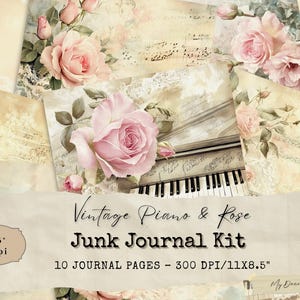 Vintage Piano & Rose Junk Journal Pages – Romantic Music Paper Pack with Pink Flowers  Sheet Notes (20 JPGs), Digital Download by MyDearJour