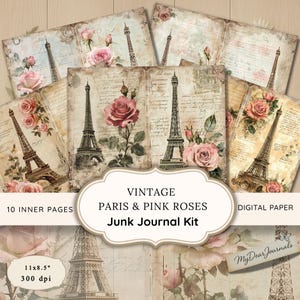Kit diario vintage di Parigi, 10 fogli digitali della Torre Eiffel, diario di viaggio con rose rosa, pagine romantiche francesi stampabili, foglio collage 11 x 8,5