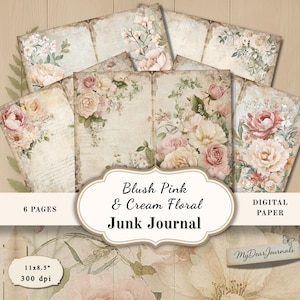 Blush Pink Rose Junk Journal Kit: Vintage Floral Collage Sheets (Digital Download 11x8.5&quot;)