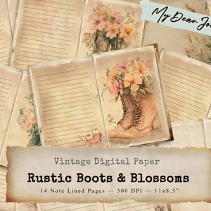 Botas y flores rústicas: páginas rayadas para diarios basura, 14 hojas imprimibles con botas florales, estilo vintage, PDF de 300 DPI