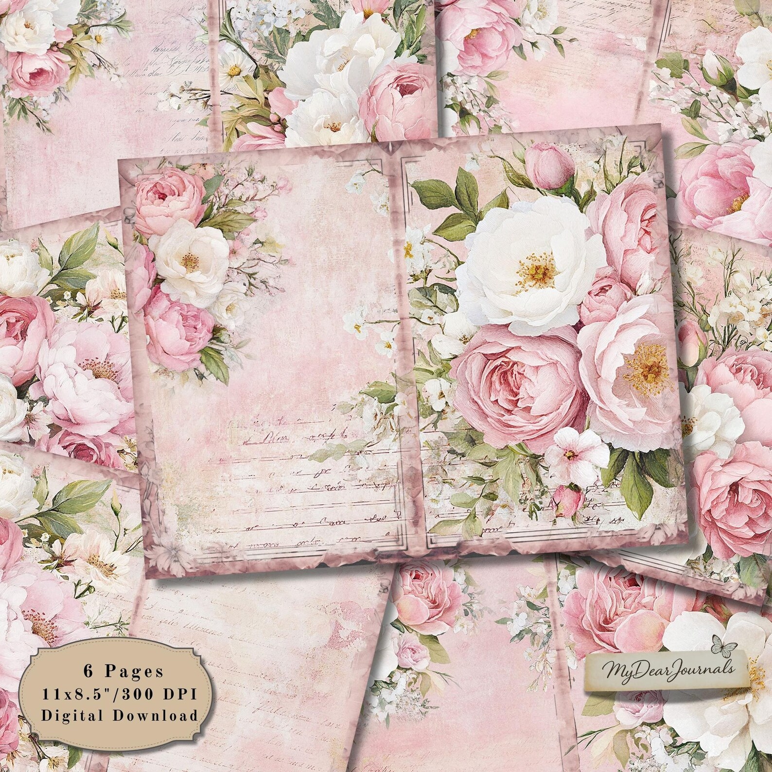 Pink Rose Digital Paper Pack: Shabby Chic Scrapbook Pages (8.5x11 ...