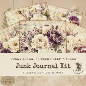 Peonia Lavanda Scura - Kit per Diario Vintage Profondo, Carta Viola per Diario, 6 Pagine Romantiche per Autunno o Matrimonio (300 DPI)