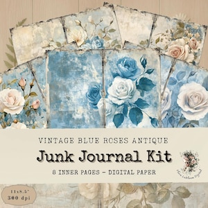 Vintage Blue Rose Junk Journal Kit – 6 Double Pages, Elegant Floral Blue Paper, Printable Junk Journal Pages
