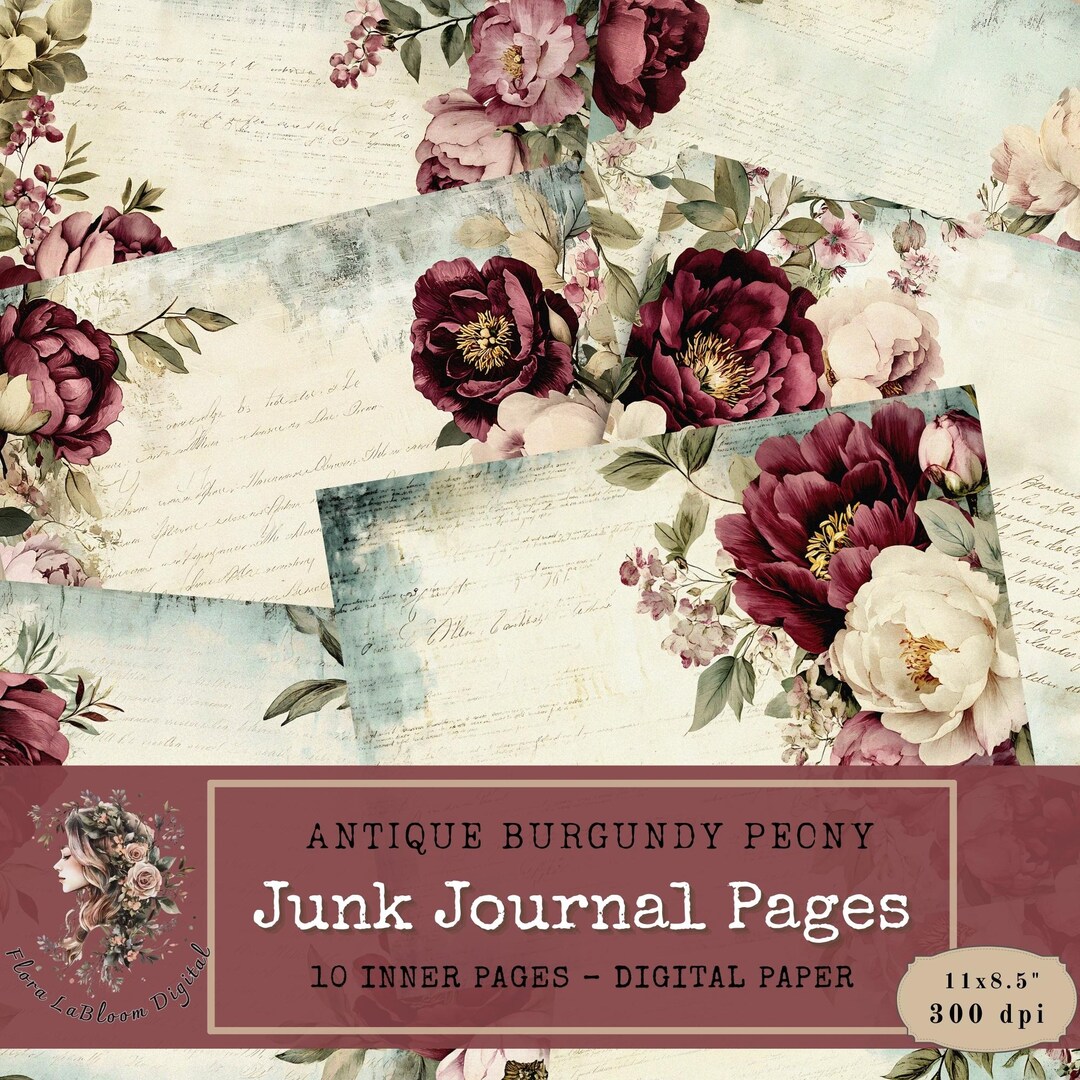 A Burgundy Elegance Junk Journal Kit,vintage Floral Junk Journal Pages ...