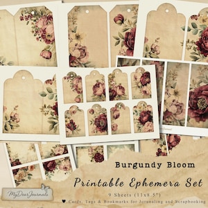 Ensemble éphémère imprimable Bourgogne Bloom, 9 feuilles (11 x 8,5 po.) cartes, étiquettes et signets pour le scrapbooking - kit de journal indésirable, par MyDearJournals