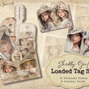 Conjunto de etiquetas vintage Shabby Girl Loaded: 21 piezas imprimibles con efímeras vintage y tarjetas de diario (4 etiquetas, 8 diseños), kit de folio para diario basura
