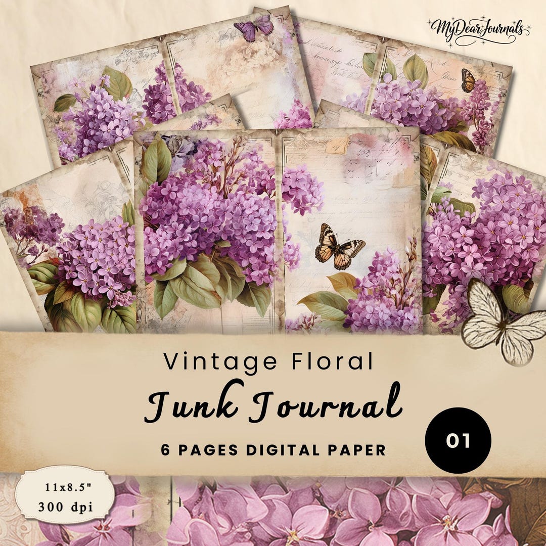 Purple Hydrangea Junk Journal Digital Paper Kit: Vintage Ephemera ...