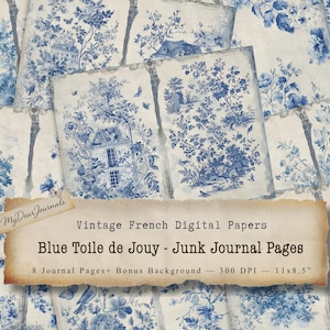 Kit per diario spazzatura Toile de Jouy blu - Pagine stampabili vintage francesi per scrapbooking e journaling, download immediato - di MyDearJournals