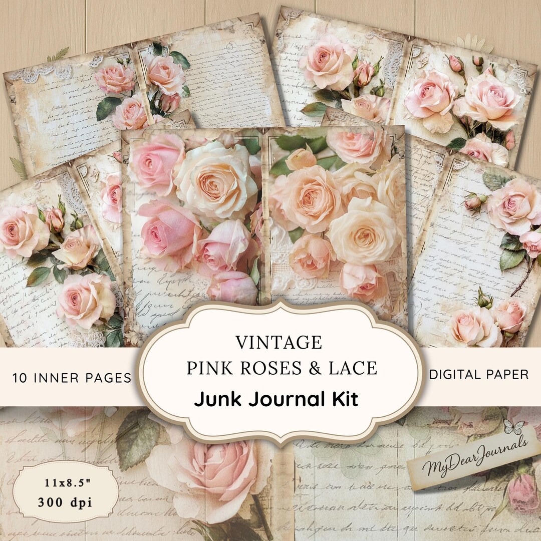 Pink Rose Junk Journal Kit: Shabby Chic Floral Ephemera Collage Sheets ...