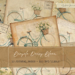 Vintage Fahrrad Journal Seiten - Blaues Fahrrad mit Gänseblümchen Korb auf gealtertem Papier für Junk Journals, Scrapbooking & bedruckbares Basteln (10 Blatt)