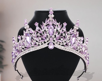 Purple Bridal Crown Gold/Silver Floral Tiara, Rhinestone Fairy Crown, Birthday Gift Hair Jewelry