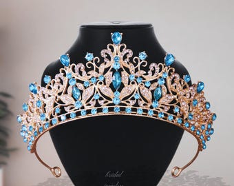 Light Blue Crystal Bridal Tiara: Rhinestone Gold Wedding Crown, Pageant Crown, Gift her