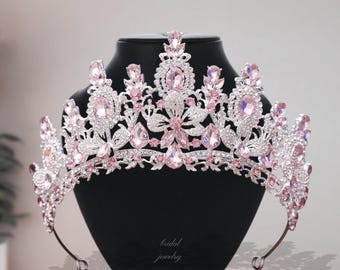 Pink Tiara: Quinceanera Wedding Princess Crown, Floral Hairband