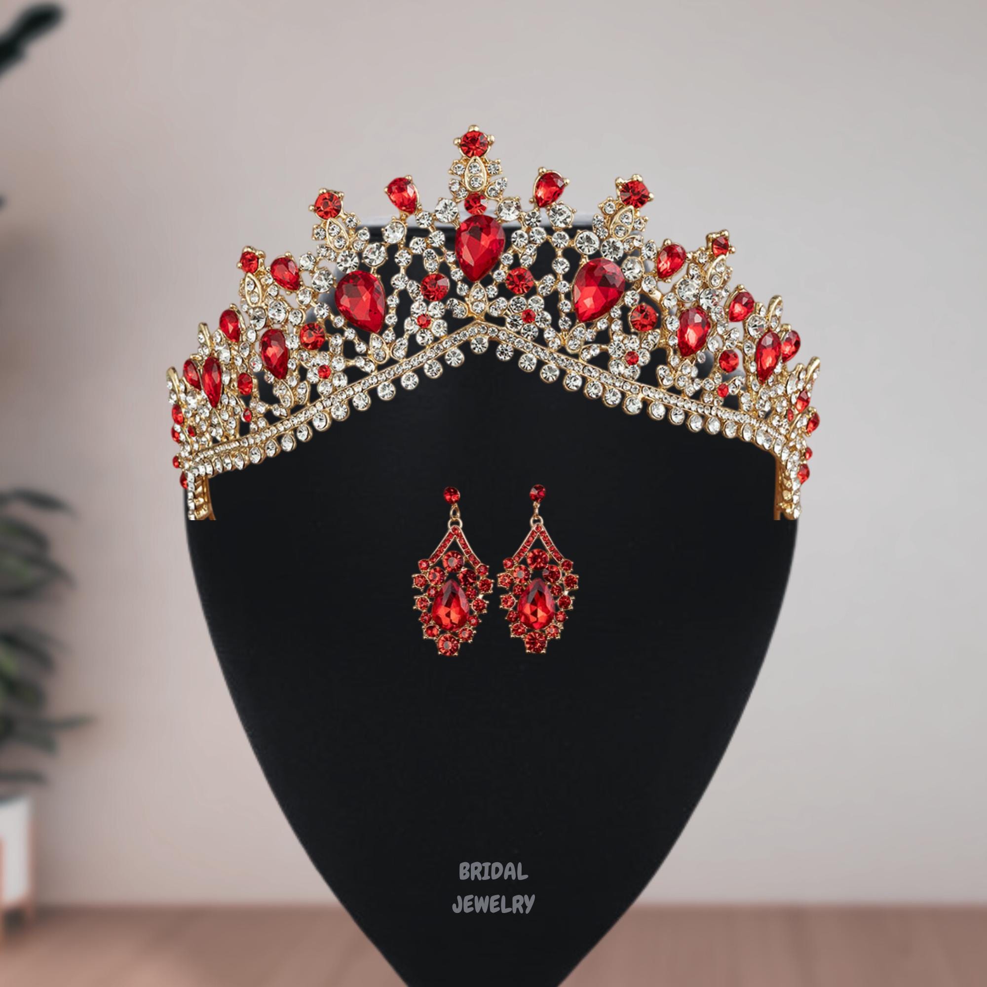 Elegant Gold and Red Crystal Tiara (necklace included) Amazon.com: Velscrun Red Crystal Birthday Tiara Crowns for  main image 3