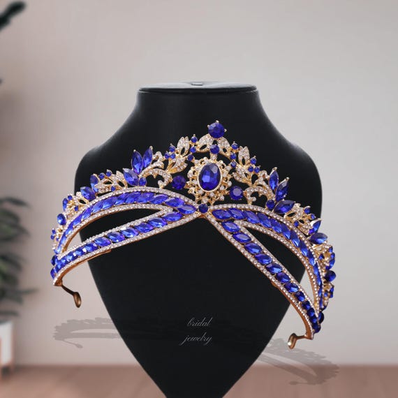 Baroque Bridal Crown: Blue Sapphire Rhinestone Quinceanera  display picture 2