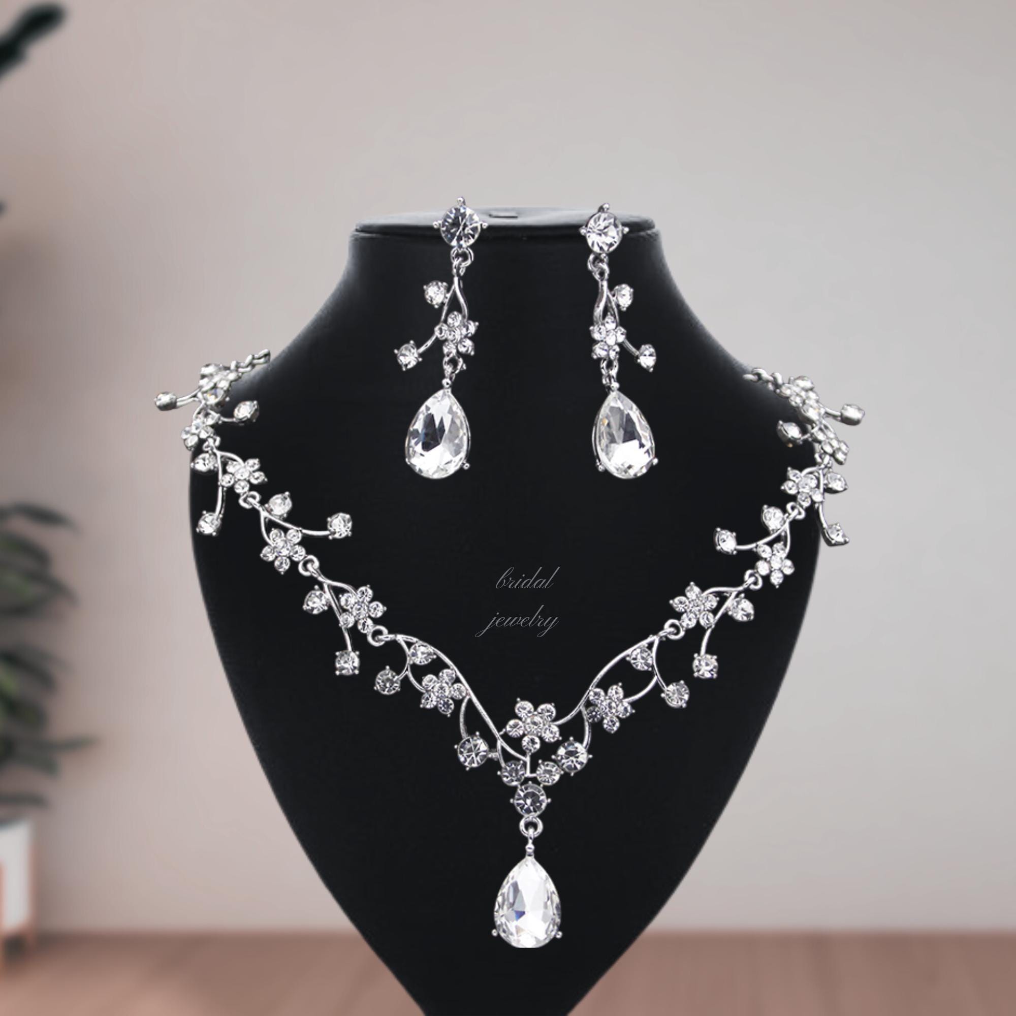 Elegant Wedding Crown Set – Silver Tiara, Necklace 